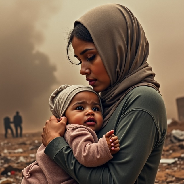 The cover art features a somber and heart-wrenching scene with muted, earthy tones. In the foreground, a mother is depicted in a close-up holding her lifeless Palestinian baby girl. She is wearing a delicate hijab, and tears stream down her face as she cradles the child in her arms. The baby's face is marked with blood, giving raw authenticity to the harsh reality portrayed. The background fades into abstract imagery of billowing smoke and shattered structures, symbolizing the bombings in Gaza.