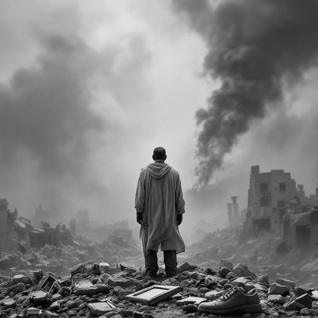 A grayscale depiction of a solitary Palestinian man standing amidst the ruins of a war-torn city. The sky is heavy with smoke and ash. His hands reach upward in despair, his face marked by tears and pain. At his feet lie a child's shoe, a shattered photo frame, and scattered rubble, symbolizing loss. These elements are bathed in subdued earthy tones, emphasizing the sorrow and depth of the scene.