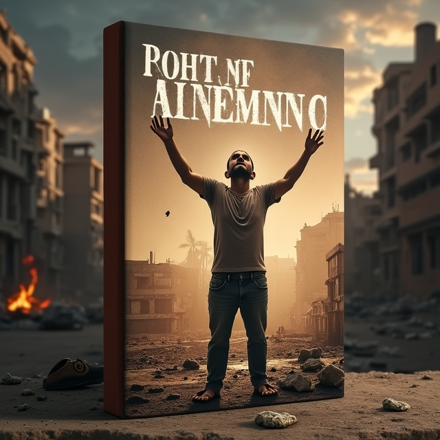 Set against a backdrop of ravaged, crumbling structures and an ominous, smoke-filled sky. A barefooted Palestinian man, central to the frame, lifts his hands toward the heavens, his figure etched with deep sorrow. His tear-streaked face is turned upward, contorted with despair, while the earth beneath him is littered with symbols of loss a small child’s shoe, shards of a broken photo frame, and fragments of rubble. Muted earthy tones dominate, punctuated by faint, haunting streaks of glowing amber in the sky, symbolizing distant flames.
