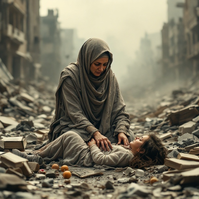 A muted, sepia-toned backdrop features a desolate urban landscape in ruins. The foreground centers on a grief-stricken grandmother dressed in a tattered, ash-dusted hijab, kneeling amidst debris and shattered glass. Her expression depicts profound sorrow as she clutches a worn prayer book in her right hand and gently holds the limp hand of a young girl lying beside her. Strewn around are objects of daily life—broken toys, a pair of torn shoes, and scattered pages—emphasizing the devastation. Wisps of smoke rise in the distance, subtly blending into the sky, symbolizing resilience amid destruction.