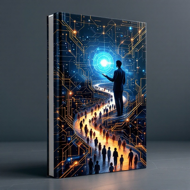 A futuristic illustration occupying the majority of the cover, depicting a teacher figure subtly integrated into a dynamic flow of advanced data streams. These streams resemble cultural and social elements forming a bridge toward a collection of students, symbolizing the transfer of wisdom and values. The color palette includes deep blues, metallic silvers, and warm earthy tones to contrast tradition with technology. The background contains geometric shapes resembling scientific diagrams and cultural motifs blended seamlessly.