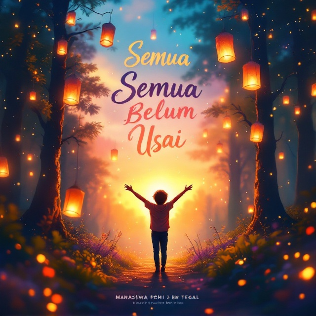 A colorful, magical forest landscape drenched in warm sunlight, with glowing lanterns floating in the air. At the center of the cover, a young protagonist is silhouetted with their arms outstretched, representing joy and optimism. Ethereal sparkles trail from the lanterns into a sky transitioning into soft pastel hues.