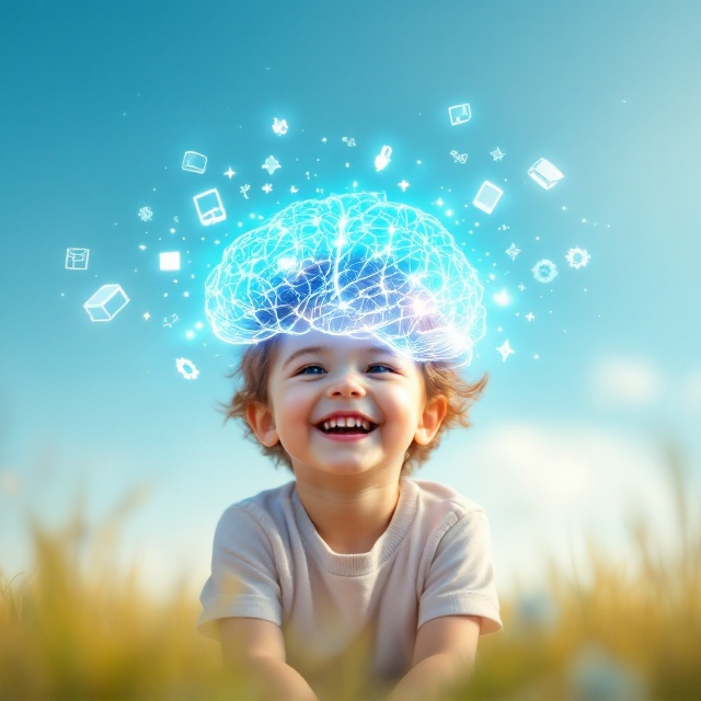 A joyful child sitting in a serene outdoor setting beneath a bright, clear sky. The child’s head is semi-transparently overlayed with an abstract, glowing depiction of a brain designed using soft, interconnected neuron-like patterns. Floating around the brain are soft, glowing icons symbolizing intelligence and creativity, such as books, a light bulb, gear shapes, and stars.
