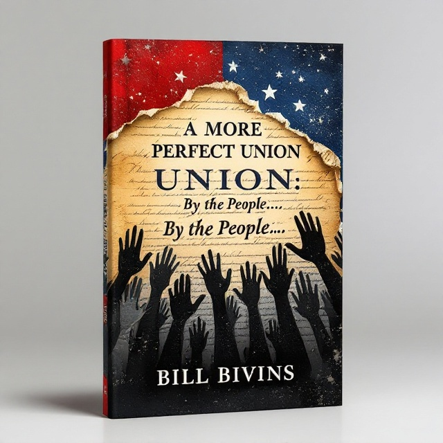 The cover features a torn piece of parchment paper in the center with the U.S. Constitution's text faintly visible beneath it, symbolizing the fragility and resilience of democracy. Overlaid on the parchment is a silhouette of diverse hands reaching upward, representing the "people" from the subtitle. The background transitions from deep red on the left to dark blue on the right, intersected by splatters of white, evoking the American flag while adding an element of turmoil and urgency.