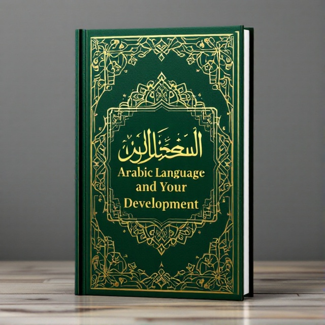 A rich, deep green background with intricate, gold Islamic geometric patterns encompassing the entire cover. In the center, an elaborate piece of Arabic calligraphy in gold, forming a visual focal point. The title is interwoven with smaller decorative motifs, creating a harmonious and elegant design.