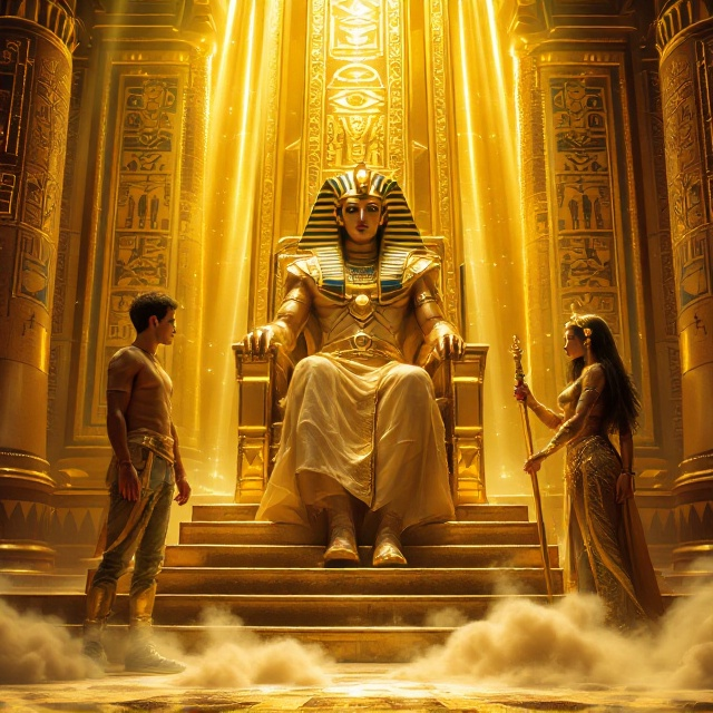 The throne room is bathed in an ethereal golden light, with the Pharaoh seated regally in the center of the composition. The intricate golden throne rises high with detailed carvings of ancient Egyptian gods. The walls are filled with shimmering hieroglyphs, banners with the Eye of Ra, and reflections of the golden streams of light. To the left of the Pharaoh, the teenage boy stands in his earth clothing—jeans and sneakers—his golden vambrace catching the soft glow of light, contrasting the grandeur surrounding him. On the right, the Prince of Egypt stands in his golden battle armor, gripping his sword confidently. Hathor stands gracefully beside him, holding her ankh and glowing softly against the golden backdrop. Subtle textured clouds of sand swirl around the scene's base as if hinting at an emerging power.