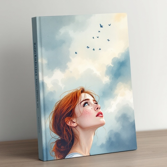 The cover showcases a stunning watercolor-style illustration of a woman with red hair, blue eyes, and freckles. The character is positioned in the bottom third of the cover, gazing upward at a vast, overcast sky with shades of muted blues and grays. Tears line her freckled cheeks, giving her a visibly heartbroken expression. Subtle brush strokes create an ethereal and melancholic atmosphere. The sky is adorned with soft, feathered clouds, with faint impressions of birds flying away in the distance, symbolizing farewell.