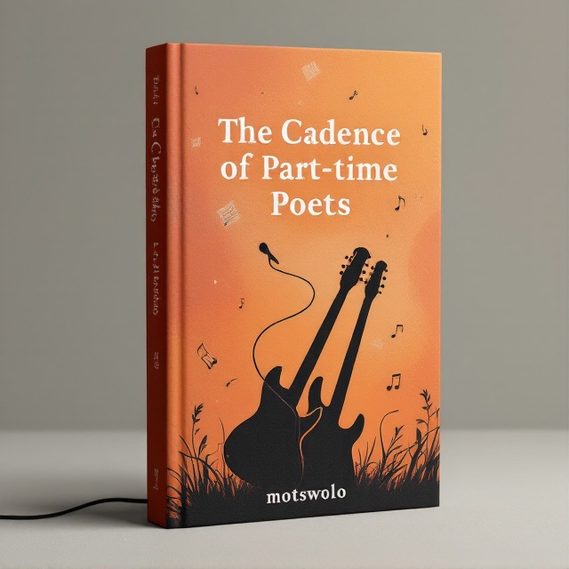standing book mockup, Its title is "The Cadence of Part-time Poets". Its author name is motswolo.  A warm, muted background featuring a gradient of soft rust-orange fading into dark gray at the edges. Silhouettes of a guitar and bass guitar intersect in the lower half of the cover, with faint sheet music notes floating through the background. There's a subtle overlay of textured brush strokes to add depth and a slightly hand-crafted feel. A lone microphone cable snakes toward the center, giving a hint of spontaneity and mischief. The title is set in a modern, hand-drawn-inspired serif font with subtle irregularities to evoke an emotive, personal touch. The author’s name, "motswolo," is in a sleek sans-serif font, placed unobtrusively but clearly below the title. Both are in white for maximum visibility against the muted backdrop., The title is centered near the upper half of the book, with the guitar and bass silhouettes crisscrossing below, positioned so they frame the text without obscuring it. The author’s name is aligned slightly to the right, near the bottom end. The background’s floating musical notes swirl subtly around the edges, stopping short of the central elements.