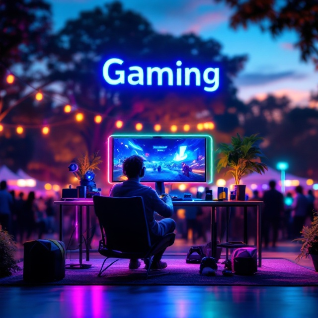 A dynamic scene featuring a gamer on a sleek outdoor gaming setup, a glowing computer monitor displaying an esports match, and a crowd of silhouettes in the background, blending natural elements like trees and a light sky. The foreground features controllers, keyboards, and outdoor gaming chairs, all arranged within a soft illuminated halo effect of neon blue and green.
