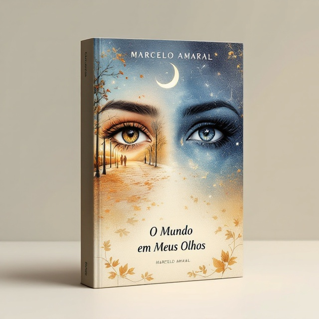 A central pair of artistic, hyper-realistic eyes with intricate details in their reflections. The left eye reflects a quiet, golden-hued street with autumn leaves falling and blurred silhouettes of people walking under streetlights. The right eye mirrors a cosmic expanse featuring constellations, the crescent moon, and twinkling stars. The background transitions in a soft gradient from a night-sky blue at the top to a warm beige near the bottom. Subtle watercolor textures bring depth to the cover, and delicate golden foliage motifs frame the lower corners of the design.