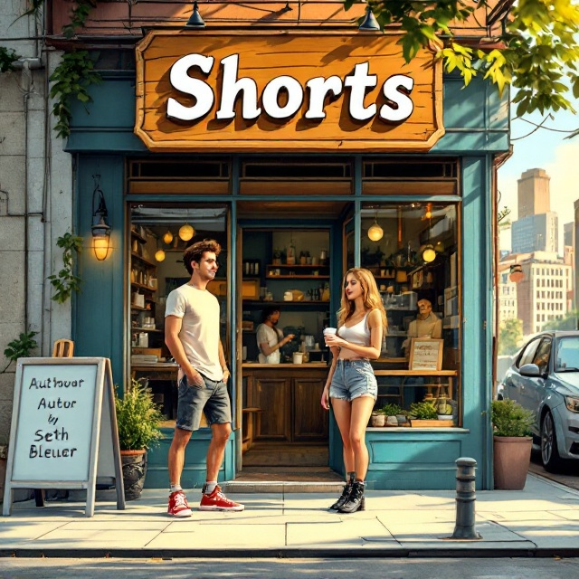 A bright, lively depiction of the front of a coffee shop nestled in a bustling city. The coffee shop features a large vintage-style wooden signboard above the door displaying the title "Shorts" in bold, scripted letters. In the foreground, a young man wearing a casual white t-shirt, jean shorts, and red Chuck Taylors stands confidently next to a young woman in a trendy crop top, short daisy dukes, and black combat boots. She holds a steaming cup of coffee in her hand, while a cheerful barista in the shop is seen through the large glass window, handing out another cup. The sandwich board on the sidewalk displays the author’s name, “Seth Bleuer,” with a quirky font. Around them, the city skyline and morning sunlight frame the scene. The overall palette consists of warm, welcoming colors like amber, sky blue, and subtle cream.