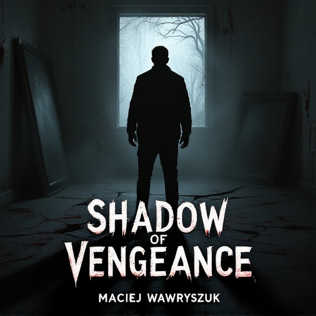 A silhouette of a man standing alone in the shadows, in front of a large, broken family picture frame lying cracked on the floor. The background is a dimly lit room with blood-red smears on the walls. A faint glow from a window hints at a mystery beyond, with the shadow of tree branches creeping in. The shadow of the man extends long and ominously, blending into the title text at the base of the composition.