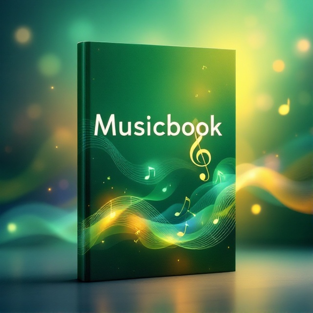 Dynamic green background with wavy musical notes flowing across the cover in various sizes. Lightly glowing treble and bass clefs are layered intermittently, creating an abstract musical atmosphere. A few translucent scales overlap in the design for added depth. A mix of pastel and vibrant colors such as yellows, blues, and pinks glow faintly in the background to enhance creativity and energy.