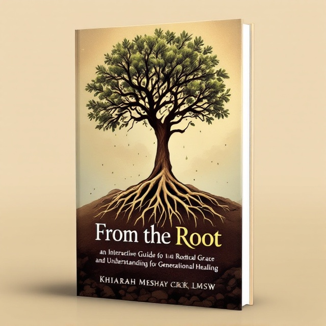 A central illustration of a robust tree root system, textured and detailed, emerging from rocky soil. Subtle streams of water weave through the soil and roots, symbolizing nourishment and growth. Soft gradients of brown dominate the background, enhancing the earthy theme.