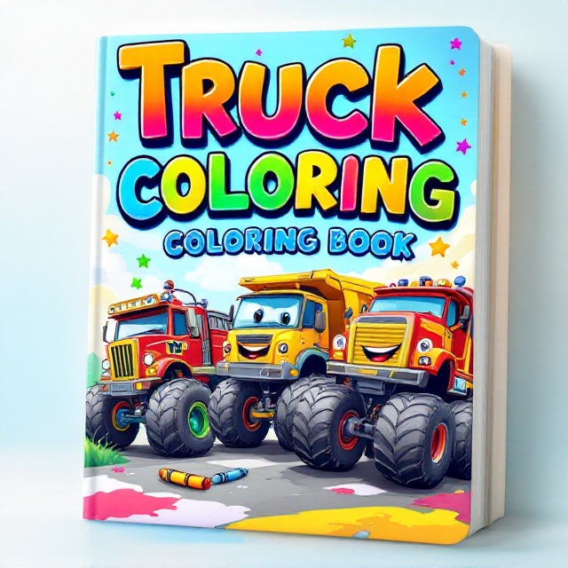 A vibrant illustration dominates the cover's background with colorful cartoon-style Monster Trucks, Fire Trucks, Dump Trucks, and Garbage Trucks in action. These trucks are depicted with exaggerated features, large smiling faces, and fun, imaginative details. Surrounding the trucks are playful elements such as stars, crayons, and splashes of vivid paint to emphasize creativity and fun. A light blue sky fades into soft yellow and green accents that mimic a cheerful outdoor setting.