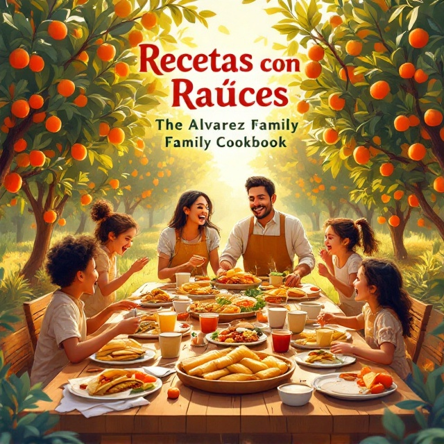 A vibrant illustration depicts a cozy family scene in a sunlit apricot orchard. At the center is a long wooden table laden with plates of steaming Mexican food—tamales wrapped neatly in corn husks, tacos with vibrant filling, mugs of frothy hot chocolate, and bowls of sauces and salsas. A warm depiction of a loving Mexican grandma wearing a traditional apron and a smiling grandpa sit at the center of the table. Around them, cute grandchildren are captured mid-laughter, running joyfully among the apricot trees. Colors of the Mexican flag—red, green, and white—are subtly woven into the background, napkins, tablecloth, and scattered decorative elements. The orchard is bathed in golden hues, creating a warm, inviting atmosphere.
