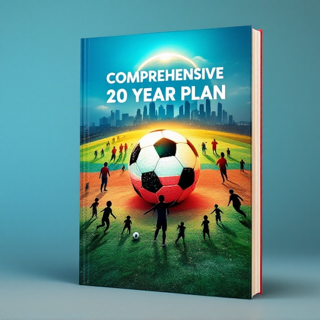 A vivid montage of layered imagery dominates the cover a soccer ball in the center, painted with ripples of the Haitian flag. The background transitions smoothly from a bright, sandy beach fading into a lush green soccer field. Below, small silhouettes of boys and girls playing soccer create dynamic energy, encircling the soccer ball. In the top-left, the shadowed figures of the 1974 Haitian World Cup team stand triumphant, flanked by modern skyline-like structures representing tourism and economic growth. A faint golden sunrise arcs above, symbolizing hope and national renewal.