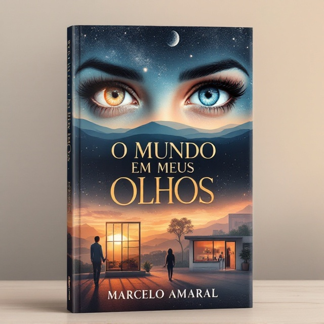 A pair of striking, expressive eyes fills the upper half of the cover, each reflecting different scenes—one with a starry night sky featuring the moon and constellations, and the other showing a window opening to a serene landscape of rolling hills under a soft sunrise. Surrounding the eyes are subtle artistic swirls of light resembling cosmic energy. Below this, the backdrop transitions into hazy but warm everyday life scenes—a couple walking hand in hand, a coffee shop window, and a bustling street, all faded into abstract brushstrokes of pastel tones.