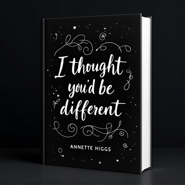 A stark black background with delicate white, hand-drawn, dynamic swirls and line accents surrounding the title in the center. The title, “I thought you’d be different,” is written in a bold yet flowing hand-drawn script font that spans the majority of the cover, making it the primary focus. Subtle, ethereal, and loosely scattered dots or sketch marks are integrated into the design to create visual movement and dynamism.