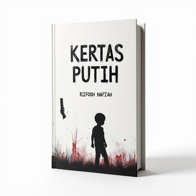 A minimalistic yet haunting design featuring a stark white background symbolizing the "Kertas Putih" (White Paper). In the foreground, a faint, childlike silhouette of a boy watches as the outline of a handgun fades into the background, blending with light blood-like streaks that subtly trickle down into the white. The story unfolds in these minimal, contrasting elements.