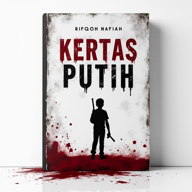 A stark, textured white paper background with a burnt edge effect, featuring smudges of blood spreading from the lower half, giving a visceral intensity. A solitary silhouette of a young boy holding a gun is positioned slightly off-center at the bottom, with faint crumples and creases overlapping the illustration to echo a sense of fragility and tension.