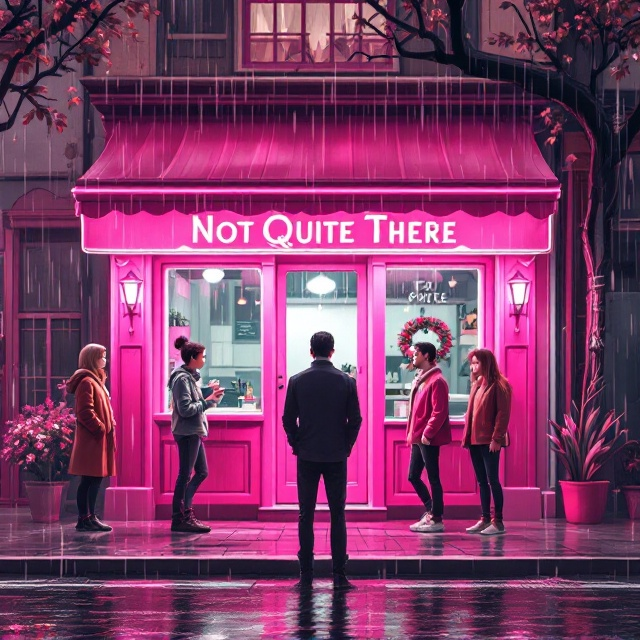 The cover showcases a bright pink café as the focal point, gleaming with inviting charm amidst a softly pouring rain. In front of the café stands a monotone man, rendered in grayscale, his back facing toward the reader. Three curious individuals, each exuding different shades of warmth, stand on either side, casting covert glances at him. The ambiance is serene yet lively, with raindrops delicately falling and creating a sense of cohesion across the scene.