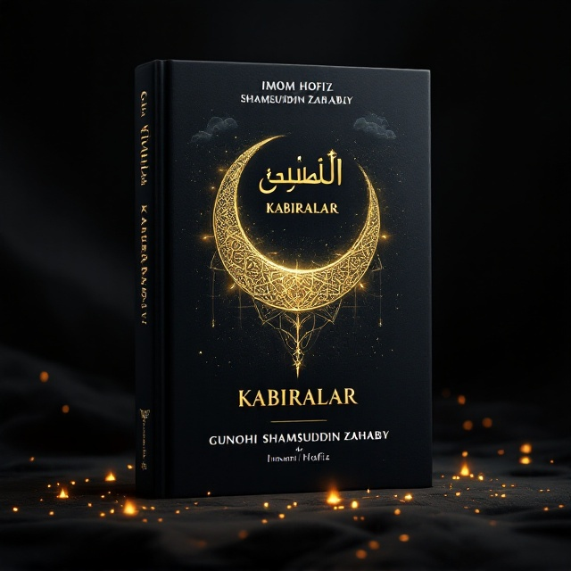 A dark black background evoking solemnity and gravity. In the center, a radiant golden crescent moon with intricate Islamic geometric patterns etched within it. Surrounding the crescent are subtle, wispy clouds, symbolizing the dual worlds of paradise above and hell beneath. At the bottom of the cover, faint glowing embers blend delicately into darkness, symbolizing the gravity of sin and the consequences of hellfire.