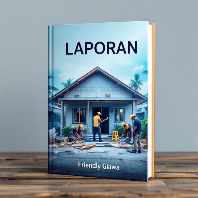 The cover features a high-resolution photograph of an ongoing house rehabilitation project, capturing workers in action with tools and materials scattered around. The image is slightly desaturated, giving a serene and inviting blue soft tint that matches the primary color preference. A subtle gradient from top to bottom helps focus the eyes on the title and the bustling activity below.