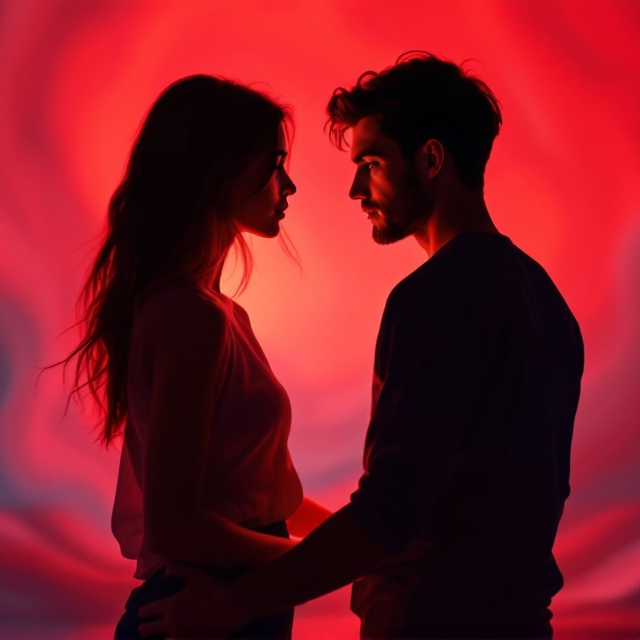 A young woman with soft, flowing hair stands with her back to the viewer in the foreground, her silhouette slightly illuminated by a glowing, warm, crimson-toned backdrop. At a short distance, a man is depicted in a semi-profile, his posture rigid yet yearning, gazing intensely in her direction. Subtle swirling gradients of red and muted blue merge in the background, alluding to passion and emotional distance.