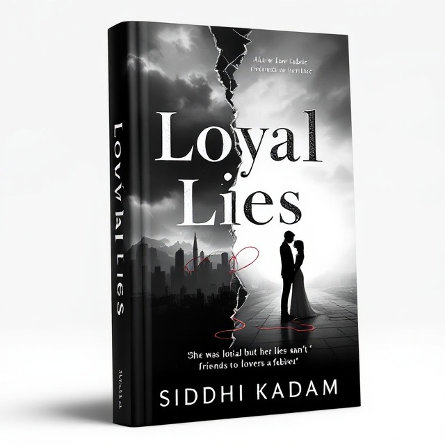 The cover is primarily in a high-contrast black and white palette. It features a dynamic, half-and-half composition where the left side is a dark, stormy skyline with a fractured mirror effect to symbolize lies and deception. The right side showcases a soft silhouette of a couple against a glowing white light, representing the slow-burn romance and loyalty. Near the bottom, there’s an intertwined red thread symbolizing the "friends to lovers" connection.