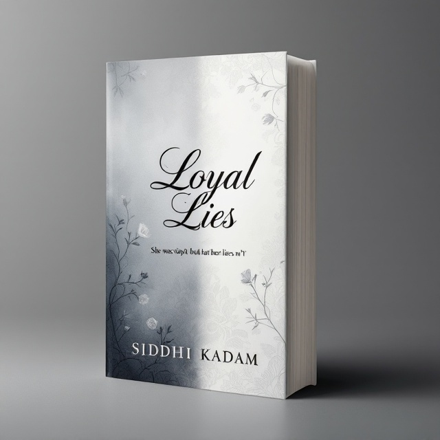 The cover is split vertically into two halves. The left side is a stormy grey gradient, symbolizing mystery and lies. The right side is a soft white, representing purity and loyalty. A subtle gradient runs between these two shades to create a seamless transition, representing the "slow burn" romance and blurred lines between truth and deceit. On the grey side, faint silhouettes of intertwining rose vines with small thorn details extend downwards. The white side is kept minimal, with delicate lace-like patterns in the background, signifying fragility and fidelity. The tagline "She was loyal but her lies weren't" is elegantly integrated along the bottom edge of the gray-to-white gradient.