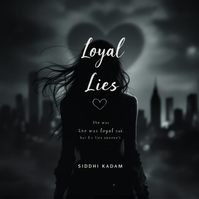 A silhouette of a woman with flowing hair, standing with her back turned in the foreground. Behind her, the blurred outlines of a heart and a shadowy city skyline. The blend of black, grey, and white creates an atmospheric, moody environment that evokes mystery and romance.