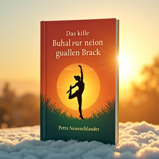 A serene sunrise backdrop radiates warm, golden hues across the cover. In the foreground, a dynamic silhouette of a person mid-stretching pose (like a yoga pose or a backbend) symbolizes movement, power, and vitality. A slim design of flowing lines traces their motion, reinforcing the themes of fluidity and energy. The lower portion features a subtle gradient transition into fresh greens and light blues, evoking health and harmony.