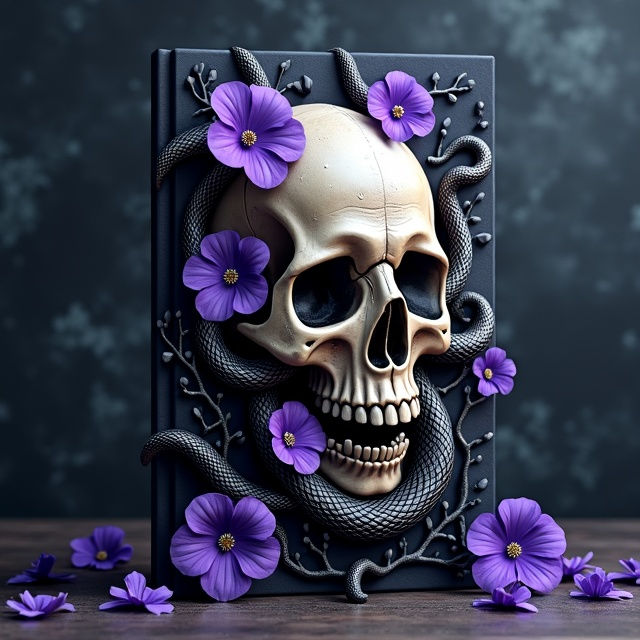 A dark, shadowy background with subtle textures resembling the bark of ancient twisted trees. In the center, a human skull partially buried in mist, with venomous black and gold serpents slithering out of its eye sockets and jaws. Surrounding the skull, delicate gnarled branches spread outward, interwoven with violet and indigo flowers. The flowers appear deceptively fragile amidst the dangerous aura of the serpents, creating a balance between feminine grace and lurking peril. Drops of dew glisten on the petals, reflecting faint light in a dim environment, giving a supernatural and ominous atmosphere.