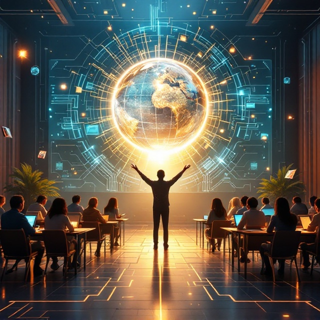 A mosaic-like digital illustration of a futuristic yet soft and approachable classroom setting, blending humane teaching elements with advanced technologies (e.g., glowing AI interfaces, holograms, and books in mid-air). The background features subtle patterns of interconnected circuits fading into an abstract globe to symbolize the societal reach of culture. The colors are warm earth tones blended with metallic blues and silvers. Centralized at the cover's lower third is a silhouette of a teacher standing, arms slightly open, radiating energy lines outward representing influence and impact.