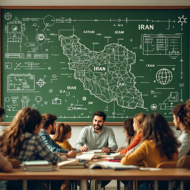 A male teacher is positioned slightly to the left of the cover, seated at a wooden desk surrounded by a mix of students in a classroom. Behind them, a large, green chalkboard is visible on the wall with a detailed map of Iran sketched in white chalk. Books, notebooks, and pens are placed on the desk. The backdrop of the room includes subtle scientific and technological elements (e.g., a globe, an atom diagram in the corner, or faint circuitry patterns). The color palette is warm, featuring browns, greens, and chalk-white, paired with pops of vibrant color from the students’ attire to evoke a dynamic, learning atmosphere.