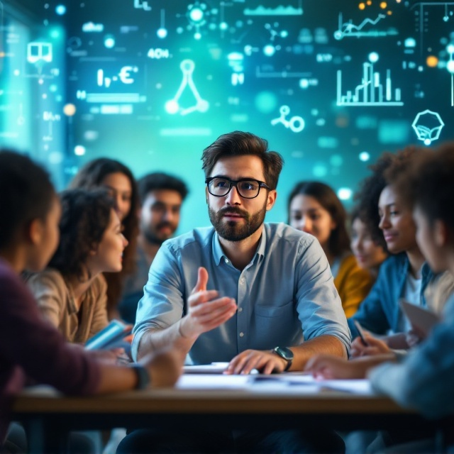 A male teacher is depicted center-left on the cover, sitting at a desk surrounded by a group of diverse students. The teacher wears glasses, has a thoughtful expression, and gestures as if explaining a concept. The students lean in with curiosity, some holding notebooks and a laptop, representing a collaborative learning environment. The background features a gradient of blues and greens, with faint holographic scientific equations, molecules, and futuristic tech schematics subtly woven in, blending seamlessly into the design.