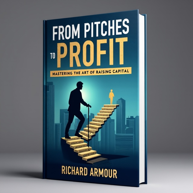 A sleek, professional design featuring a silhouette of a businessperson climbing a staircase made of dollar bills, symbolizing the journey from pitching ideas to financial success. In the background, a city skyline with glass skyscrapers adds a corporate tone. The top half of the cover transitions from deep blue to a lighter gradient, evoking trust and growth. Thin, golden diagonal lines give a premium aesthetic, subtly crisscrossing near the author's name.