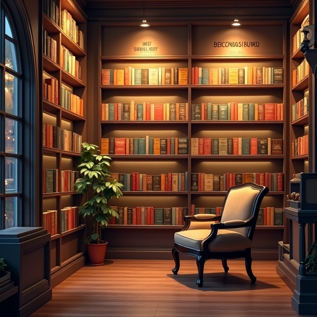 A cozy, warmly lit bookstore interior, with shelves filled with books bathed in a golden glow. In the foreground, an armchair awaits the reader, evoking a sense of warmth and anticipation. The overall color palette is rich with earthy tones and soft lighting, creating an inviting atmosphere.