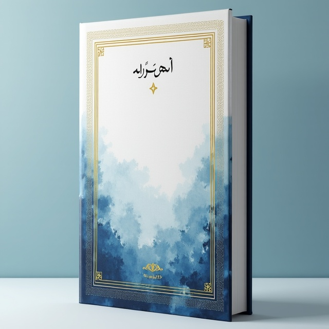 The book cover features an abstract yet professional background with a gradient of calm blue and white tones that suggest knowledge and clarity. The focal image of the teacher (from the provided photo) is framed in a golden rectangular outline at the center, symbolizing respect and cultural significance. Delicate geometric patterns inspired by Iranian traditional art subtly overlay the background, adding depth and reflecting cultural identity.
