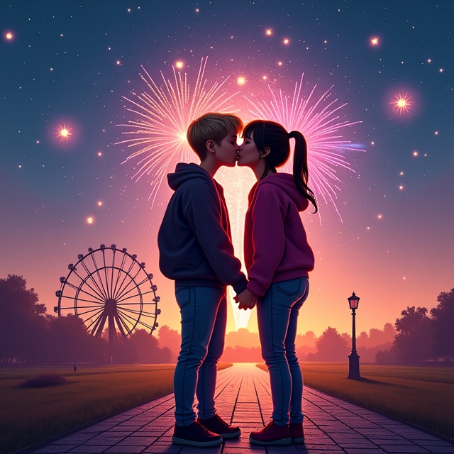 A romantic scene of a tall blonde teenage boy and a short brunette teenage girl walking hand in hand, silhouetted against a lively nighttime background featuring a tall, glowing Ferris wheel. Fireworks explode in a burst of colors illuminating the starlit sky. Both teens are dressed casually in baggy jeans and cozy hoodies. The scene captures them in an intimate moment, leaned into each other, sharing a tender kiss under the fireworks-lit sky.