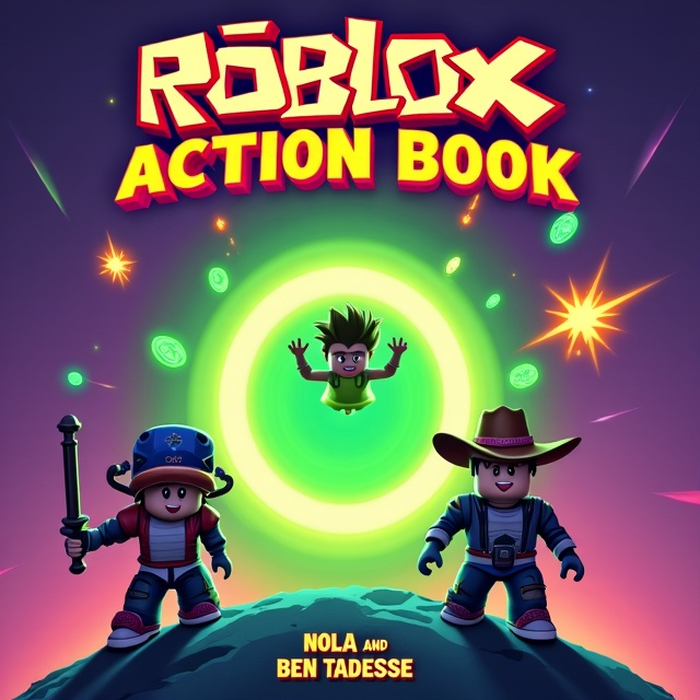 The cover depicts three lively Roblox boy avatars mid-dive into a glowing, swirling green portal situated at the center of the design. The portal looks dynamic, with energy rings and sparkles emitting from it. The background is a rich gradient of purple and magenta hues with subtle glowing streaks suggesting movement and action. The avatars are each uniquely dressed in humorous, adventurous outfits, such as oversized cowboy hats, neon helmets, and mismatched gadgets. Cartoonish explosions and item power-ups like coins or stars float around the scene, adding a comedic touch.