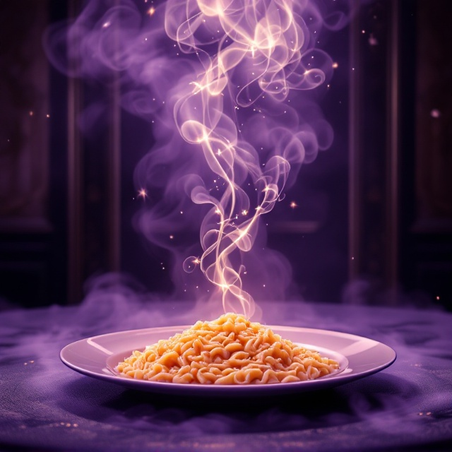 A luxurious plate of a highly stylized, gourmet risotto sits prominently in the foreground, centered and glowing softly under ambient lighting. Wisps of ethereal steam rise sinuously from the dish, forming delicate, dreamlike imagery—perhaps faint outlines of characters holding hands, birds in flight, or abstract representations of longing and hope—before dissipating into soft, cloudy edges. In the background, an intricately detailed, partially open antique restaurant door looms, bathed in a subtle violet twilight. The violet hue emanates softly, fading into darker shades towards the edges, giving the cover depth and a sense of mystery.