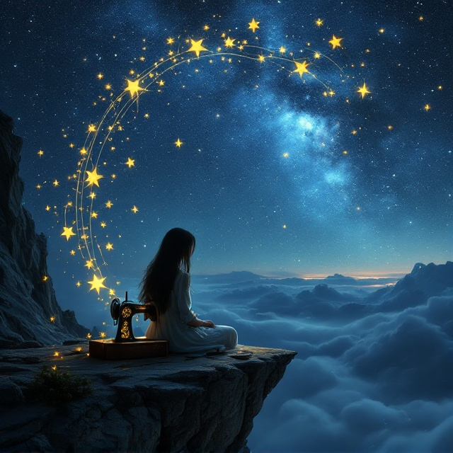 A mystical and dreamlike scene shows a young woman with long, dark hair seated at an antique, vintage sewing machine on the brink of a cliff. She is sewing threads of glowing starlight that stretch upward to a breathtaking, expansive night sky filled with stars. The stars form constellations that glow softly. Subtle and faded layers of ephemeral, cloudy textures are blended into the background, evoking nostalgia. The dominant hue of the cover is a range of midnight blues, while golden star threads offer a striking contrast. The woman's silhouette is framed by the arc of the Milky Way.