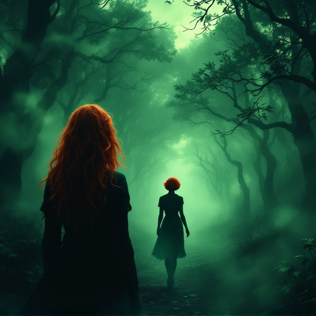 A mystical dark forest with swirling green fog dominates the background, casting an eerie glow over the entire scene. On the left side, a woman with long red wavy hair stands with her back turned to us, creating a sense of mystery. In the distance, the second woman, slightly silhouetted, strides into the shadowy forest, her short red hair illuminated by the striking golden eyes glancing back, piercing through the darkness. The scene is enveloped in shadowy hues to emphasize the fantasy genre.