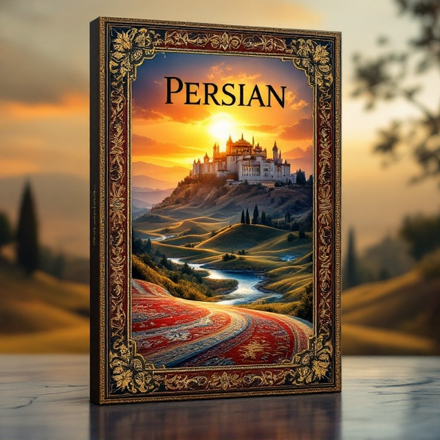 A grand Persian palace emerges in the background, set atop a hill, basking in a timeless sunset. The foreground features an intricately designed Persian carpet that seems to unfurl into a serene landscape with rolling hills and water streams. The edges of the carpet transition seamlessly into the flowing landscape as if the design is bleeding into reality. Decorative golden motifs frame the borders of the cover, adding an ornate and old-world charm.