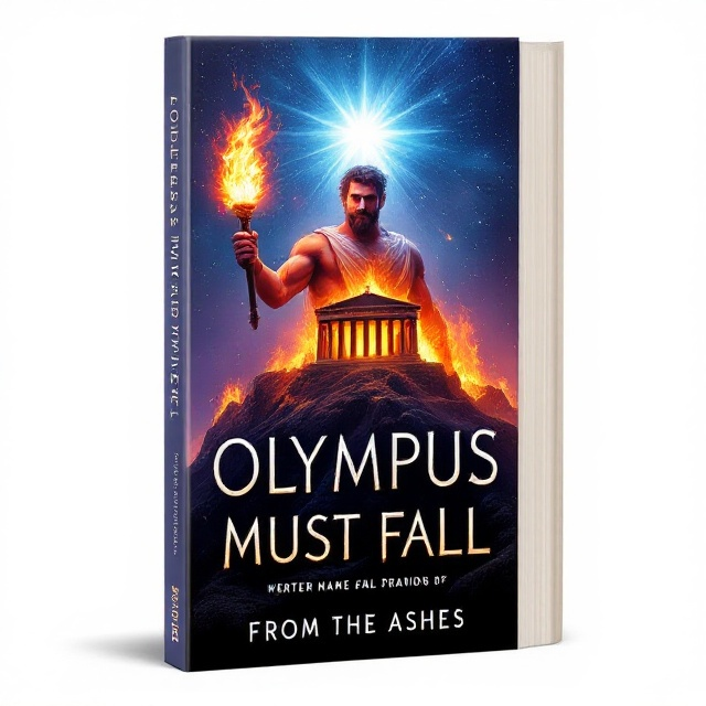 The front cover prominently features Prometheus at the center, holding a glowing torch that casts an illuminating light on his stern, determined face. Behind him, a burning Greek temple is majestically situated on top of a flaming Mount Olympus. The night sky is vividly starry, with a single, extraordinarily bright star positioned directly above the temple, creating a focal point. The colors transition smoothly from deep blues and purples of the sky to the intense oranges and reds of the flames, emphasizing the contrast between the calm of the night and the fury of the fire.
