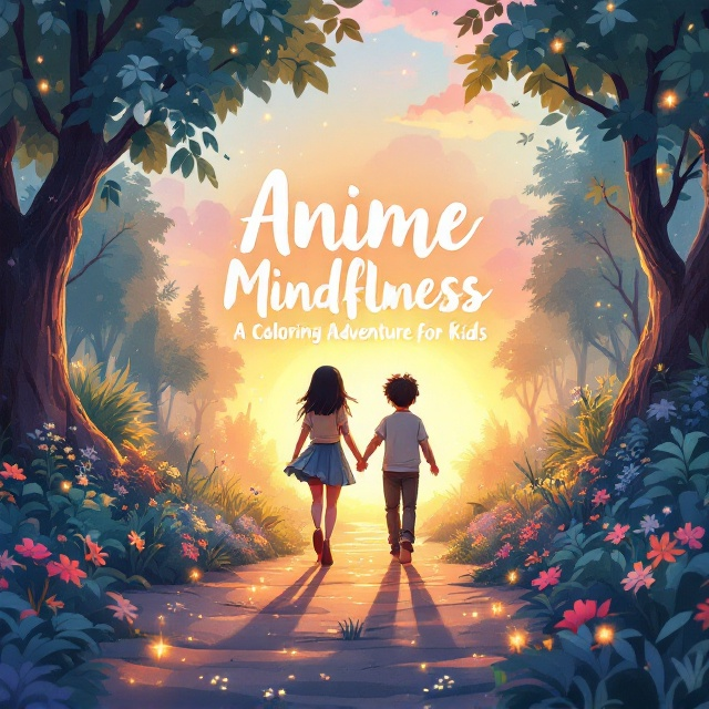 The cover portrays a lush, magical forest in soft, watercolor-style pastels and warm earth tones. Aiko and Haruto, both drawn in whimsical anime style with large expressive eyes, walk hand-in-hand along a glowing, ethereal pathway bordered by flowers and small fireflies. The glow behind them emanates a golden light that gradually transitions into a gradient sky with hints of soft pink and purple. Surrounding them are abstract faint outlines of mythical creatures subtly hidden in the forest foliage, evoking imagination and curiosity.