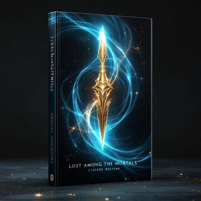A black background with a faint, ethereal cyan glow swirling in mysterious patterns, spreading out from the center. From the cyan aura emerges a sharp, elegant golden spear angled diagonally, shimmering as though radiating its own otherworldly energy. The spear's intricate etchings seem to pulse faintly with mystical light. The edges of the cover are softly darkened to focus attention on the spear and the aura, while faint hints of stars and fading particles give the feel of a transcendent, fantastical plane.