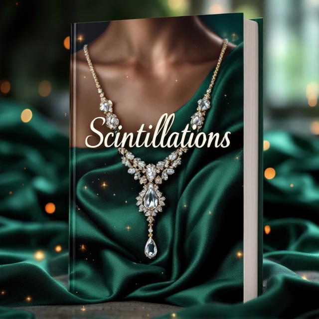 The cover features a close-up of a luxurious diamond necklace draped on a piece of satin fabric with a deep emerald green hue, creating a sense of elegance and wealth. In the background, the faint and blurred silhouettes of two women, resembling sisters, are visible, emphasizing the family dynamic and their intertwined lives. Scattered light sparkles mimic scintillations, symbolizing intrigue and glamour. The entire composition is framed with a soft vignette, drawing focus to the central necklace and sisters.
